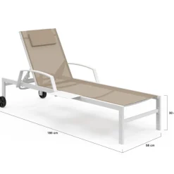 Lot de 2 transats de jardin inclinables avec tablettes en acier blanc et toile beige