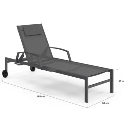 Lot de 2 transats de jardin inclinables avec tablettes en acier gris et toile grise