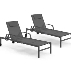 Lot de 2 transats de jardin inclinables avec tablettes en acier gris et toile grise