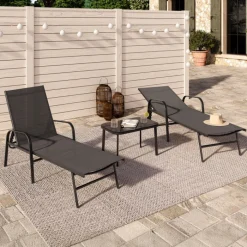 Lot de 2 transats inclinables pour jardin en acier noir et toile grise