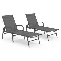 Lot de 2 transats inclinables pour jardin en acier gris et toile grise