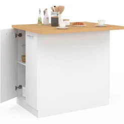 Îlot de cuisine blanc et plateau façon hêtre 100 cm