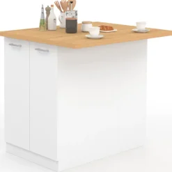 Îlot de cuisine blanc et plateau façon hêtre 100 cm