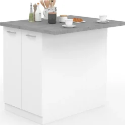 Îlot de cuisine blanc et plateau façon béton