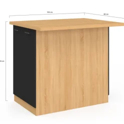Îlot de cuisine imitation hêtre avec 4 portes noires 100 cm
