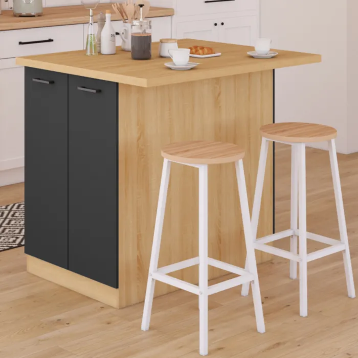Îlot de cuisine imitation hêtre avec 4 portes noires 100 cm