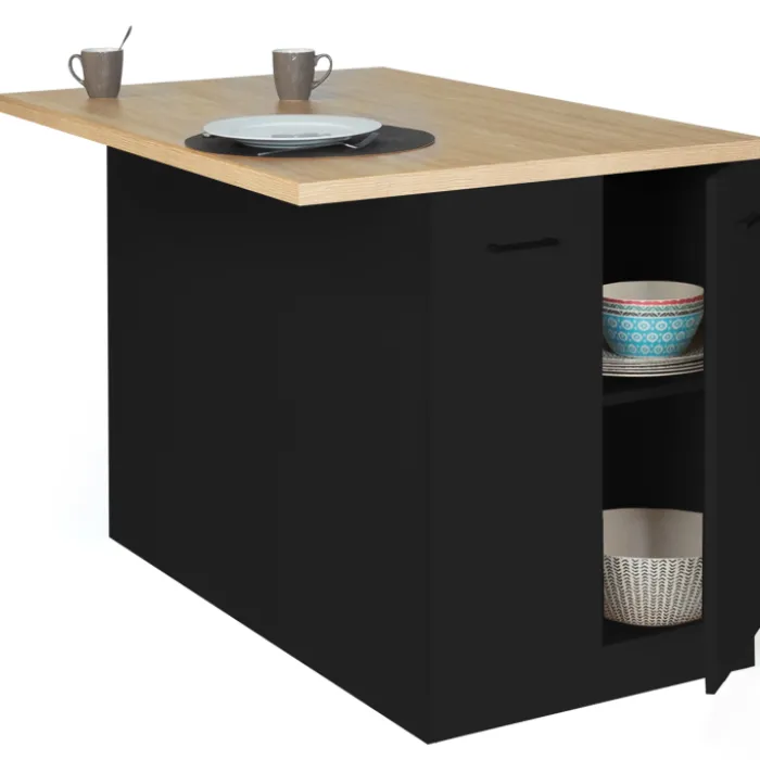Îlot de cuisine noir et plateau façon hêtre 120 cm