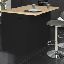 Îlot de cuisine noir et plateau façon hêtre 120 cm
