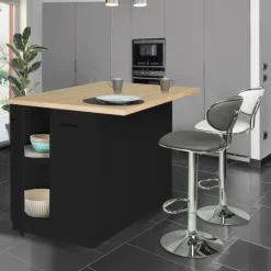 Îlot de cuisine noir et plateau façon hêtre 120 cm