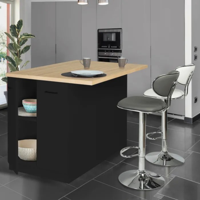 Îlot de cuisine noir et plateau façon hêtre 120 cm