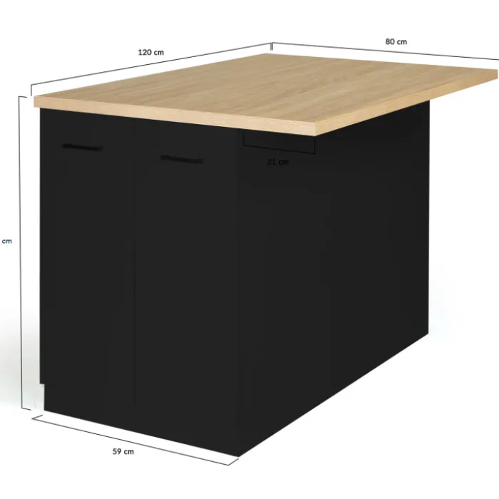 Îlot de cuisine noir et plateau façon hêtre 120 cm