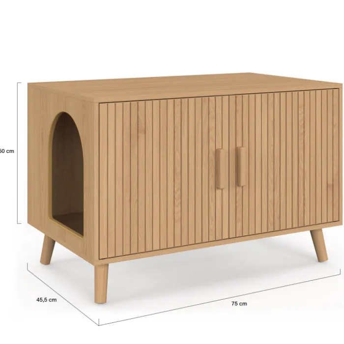 Maison de toilette chat cache-litière avec doubles portes lattes tasseau bois coloris chêne