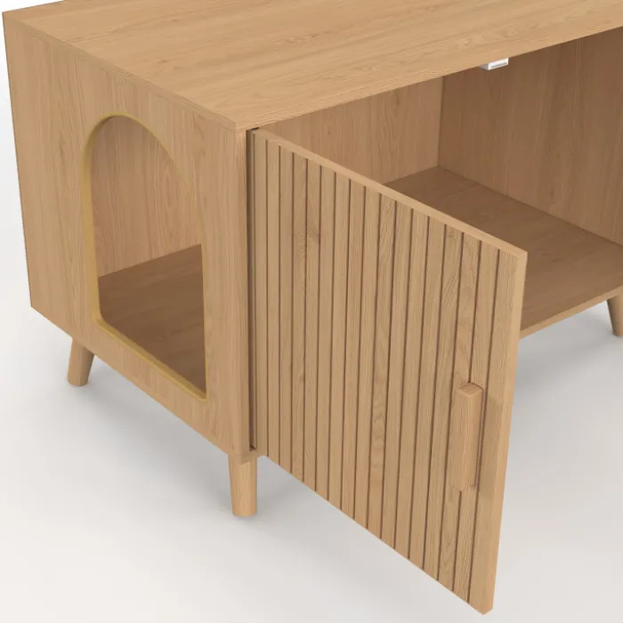 Maison de toilette chat cache-litière avec doubles portes lattes tasseau bois coloris chêne
