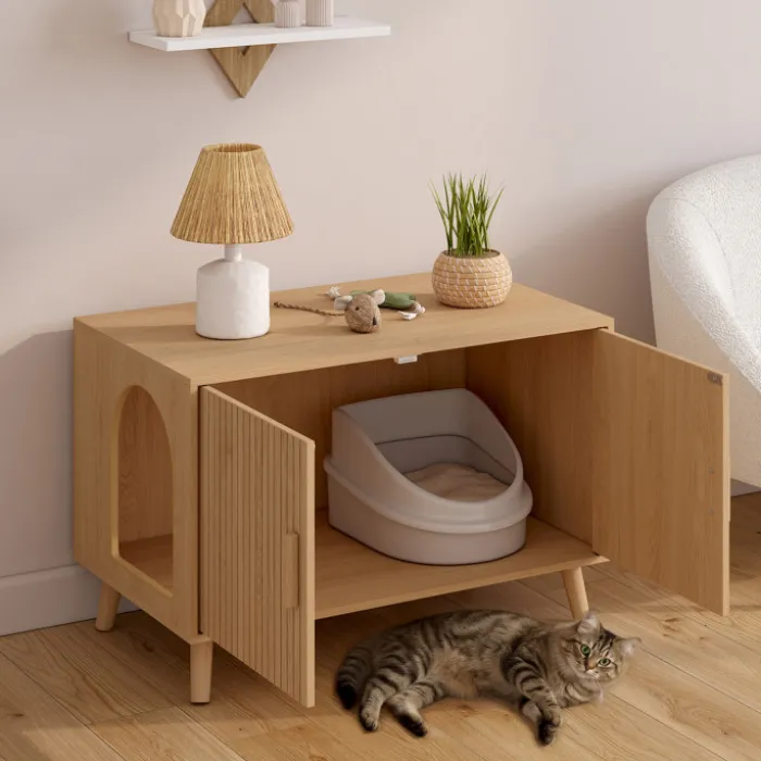 Maison de toilette chat cache-litière avec doubles portes lattes tasseau bois coloris chêne