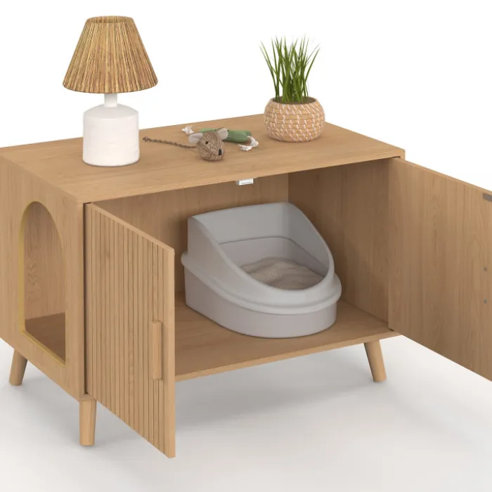 Maison de toilette chat cache-litière avec doubles portes lattes tasseau bois coloris chêne