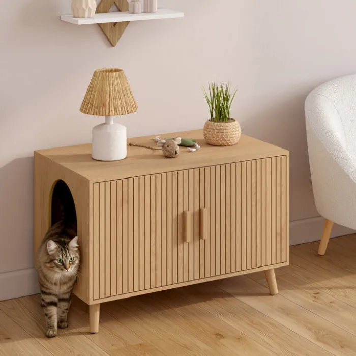 Maison de toilette chat cache-litière avec doubles portes lattes tasseau bois coloris chêne