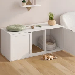 Maison de toilette chat XL cache-litière 2 portes et griffoir bois blanc