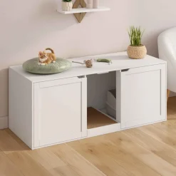 Maison de toilette chat XL cache-litière 2 portes et griffoir bois blanc
