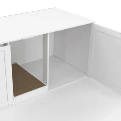 Maison de toilette chat XL cache-litière 2 portes et griffoir bois blanc