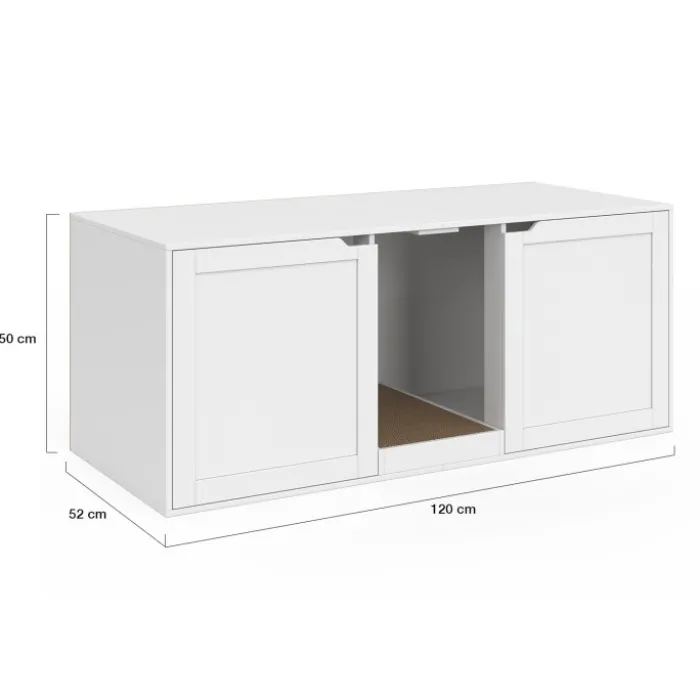 Maison de toilette chat XL cache-litière 2 portes et griffoir bois blanc