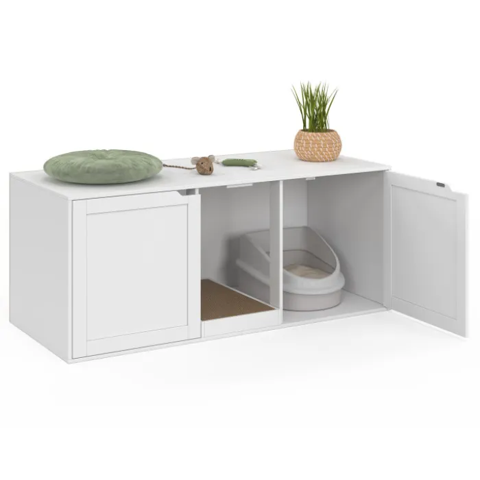 Maison de toilette chat XL cache-litière 2 portes et griffoir bois blanc