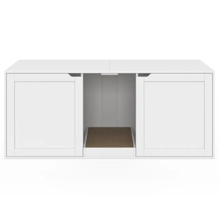 Maison de toilette chat XL cache-litière 2 portes et griffoir bois blanc