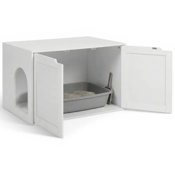 Maison de toilette pour chat - cache-litière avec doubles portes blanc