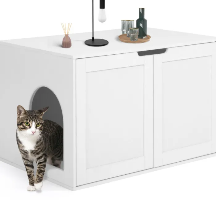 Maison de toilette pour chat - cache-litière avec doubles portes blanc