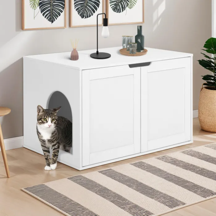 Maison de toilette pour chat - cache-litière avec doubles portes blanc