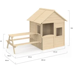 Maisonnette enfant en bois cabane de jeux extérieure avec table de pique-nique intégrée