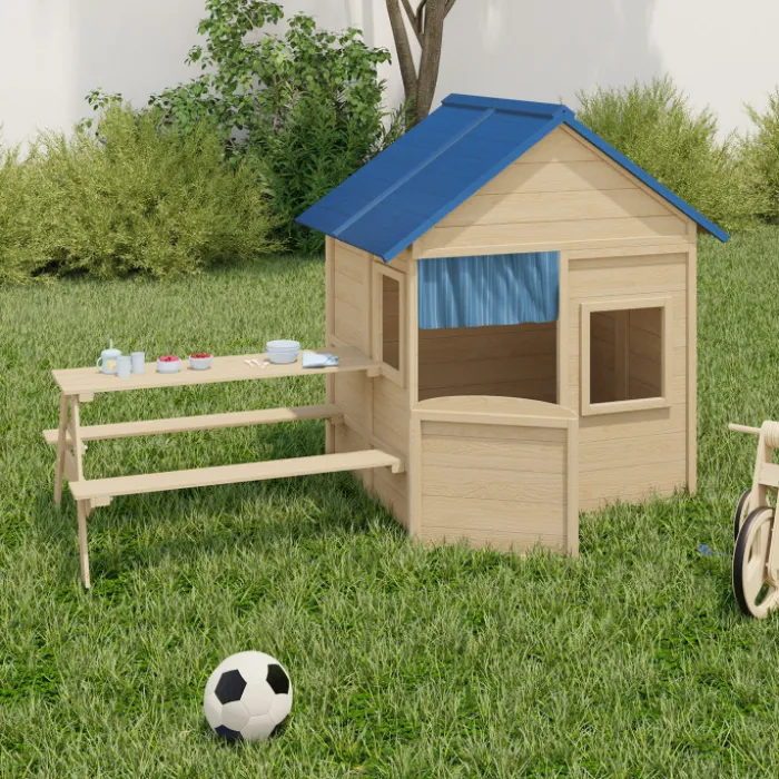Maisonnette enfant en bois cabane de jeux extérieure avec table de pique-nique intégrée