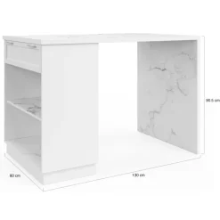 Mange-debout 4 personnes ilot central blanc et plateau marbre 130 cm