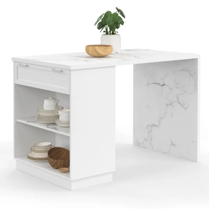 Mange-debout 4 personnes ilot central blanc et plateau marbre 130 cm