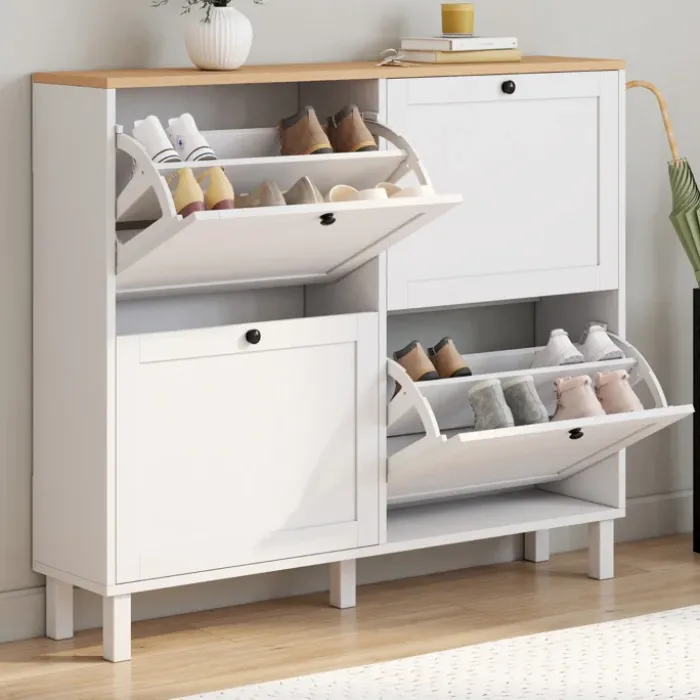 Meuble à chaussures 20 paires ACHILLE 4 portes blanc et plateau bois