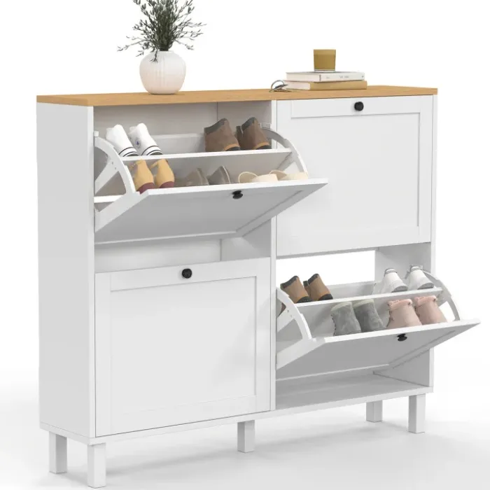 Meuble à chaussures 20 paires ACHILLE 4 portes blanc et plateau bois