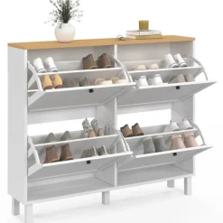 Meuble à chaussures 20 paires ACHILLE 4 portes blanc et plateau bois