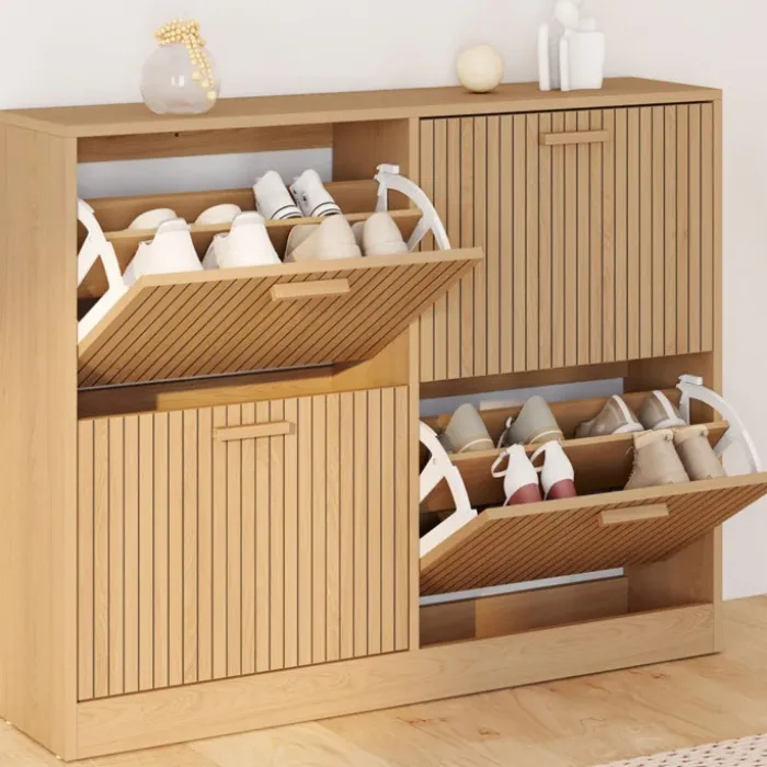 Meuble à chaussures 20 paires 4 portes lattes tasseau bois coloris chêne