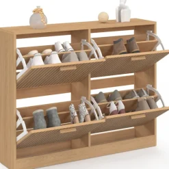 Meuble à chaussures 20 paires 4 portes lattes tasseau bois coloris chêne