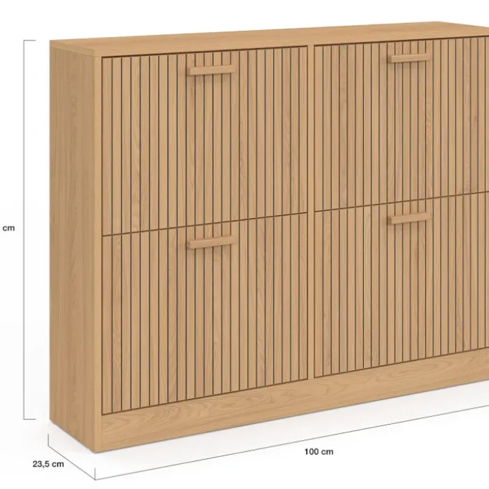 Meuble à chaussures 20 paires 4 portes lattes tasseau bois coloris chêne