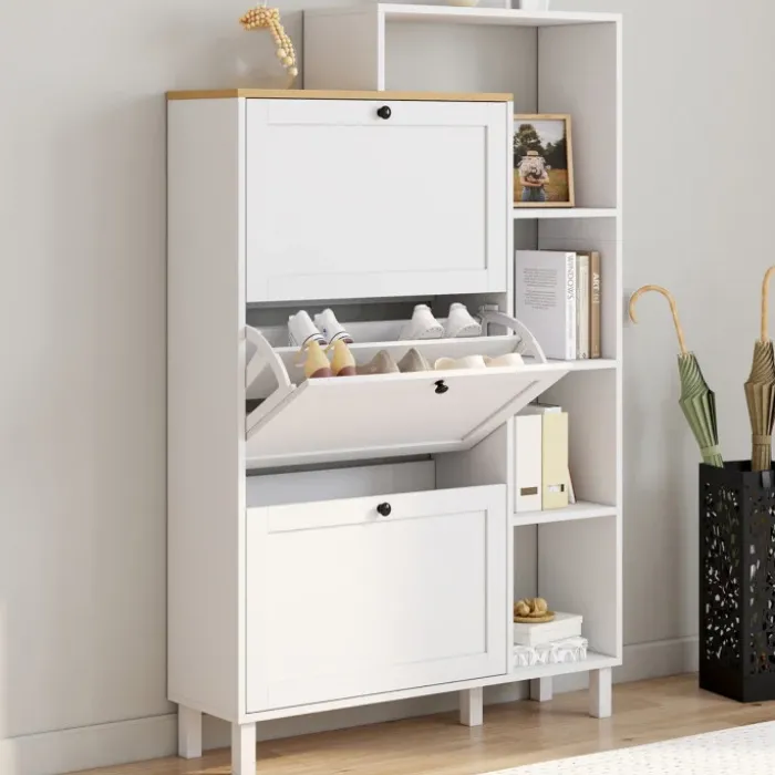 Meuble à chaussures 18 paires ACHILLE 3 portes blanc et plateau bois avec étagère
