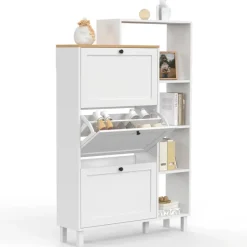 Meuble à chaussures 18 paires ACHILLE 3 portes blanc et plateau bois avec étagère