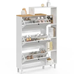 Meuble à chaussures 18 paires ACHILLE 3 portes blanc et plateau bois avec étagère