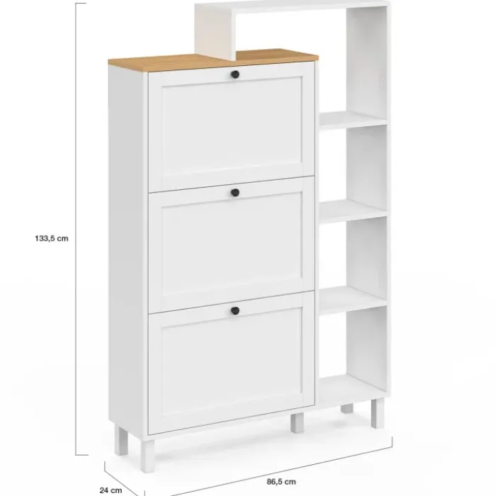 Meuble à chaussures 18 paires ACHILLE 3 portes blanc et plateau bois avec étagère