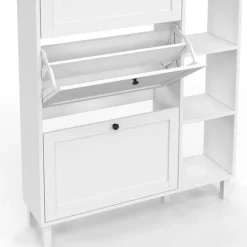 Meuble à chaussures 18 paires ACHILLE 3 portes blanc et plateau bois avec étagère