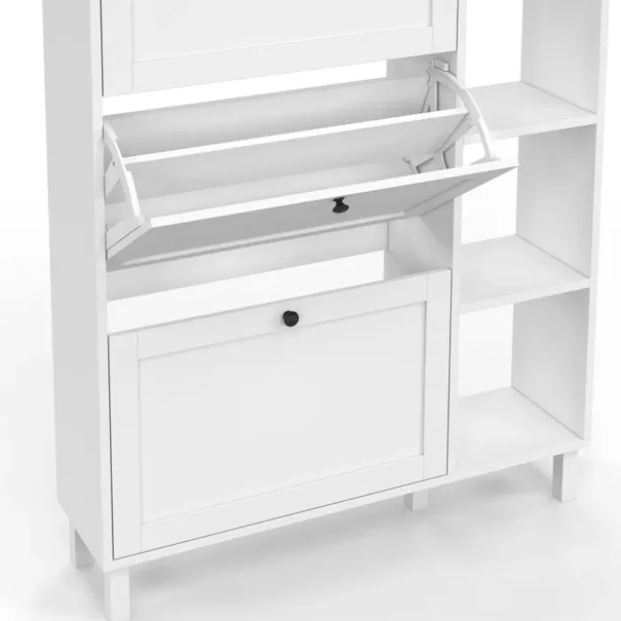 Meuble à chaussures 18 paires ACHILLE 3 portes blanc et plateau bois avec étagère