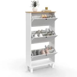 Meuble à chaussures 18 paires blanc et bois 3 portes
