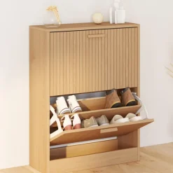 Meuble à chaussures 12 paires 2 portes lattes bois coloris chêne