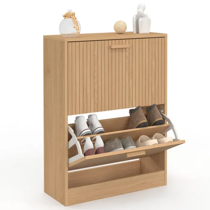 Meuble à chaussures 12 paires 2 portes lattes bois coloris chêne