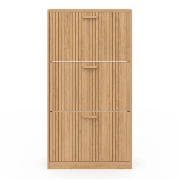 Meuble à chaussures 18 paires 3 portes tasseau bois coloris chêne