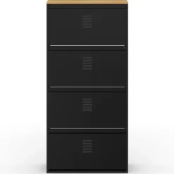 Meuble à chaussures 24 paires 4 portes métal noir et plateau bois design industriel